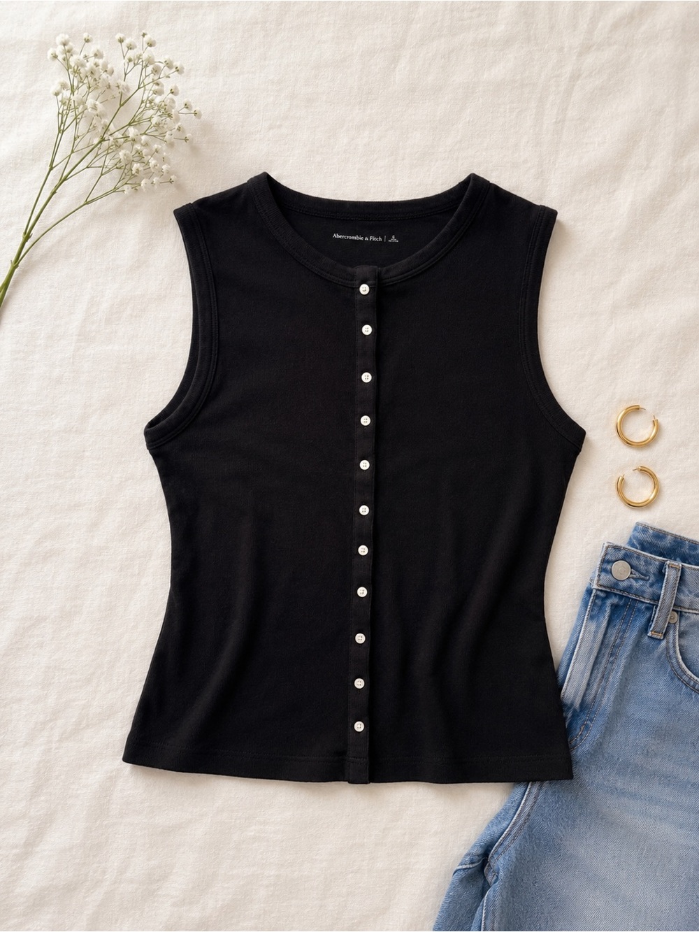 Abercrombie & Fitch Black Ribbed Snap Front Tank Top Size Small